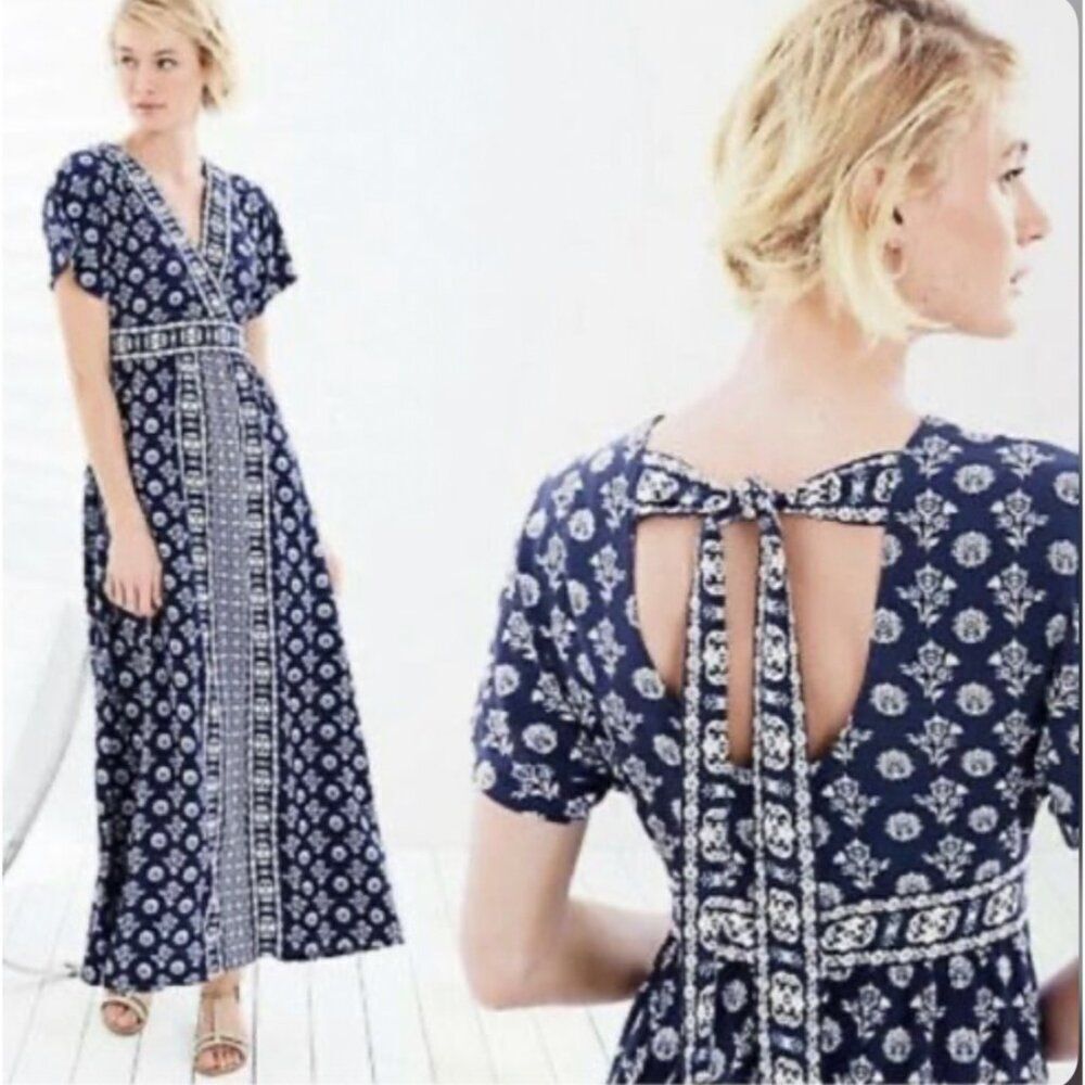 Garnet Hill Women's Navy White Floral Print V Neck Maxi Dress Size 0